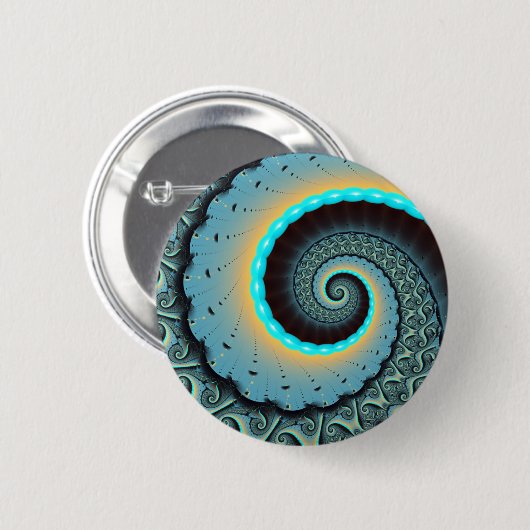 Abstrakte blaue Türkis orange Fraktal-Kunst-Spiral Button (Vorne & Hinten)