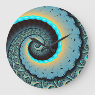 Abstrakte blaue Türkis orange Fraktal-Kunst Spiral Große Wanduhr