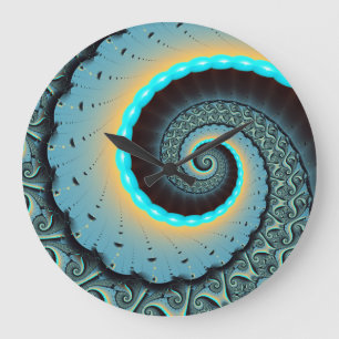 Abstrakte blaue Türkis orange Fraktal Kunst Spiral Große Wanduhr