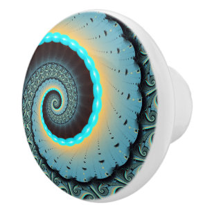 Abstrakte blaue Türkis orange Fraktal-Kunst-Spiral Keramikknauf