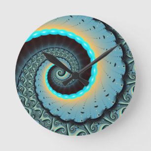 Abstrakte blaue Türkis orange Fraktal-Kunst-Spiral Runde Wanduhr
