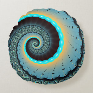 Abstrakte blaue Türkis orange Fraktal Kunst Spiral Rundes Kissen