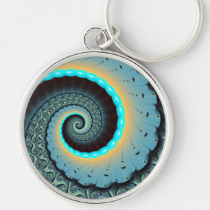 Abstrakte blaue Türkis orange Fraktal-Kunst-Spiral Schlüsselanhänger