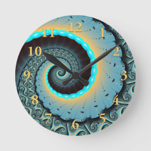 Abstrakte blaue Türkis orangefarbene Spiral-Frakta Runde Wanduhr