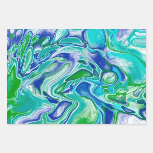 Abstrakte blaue und grüne Marmorflüssigkeit Geschenkpapier Set (Vorderseite 3)