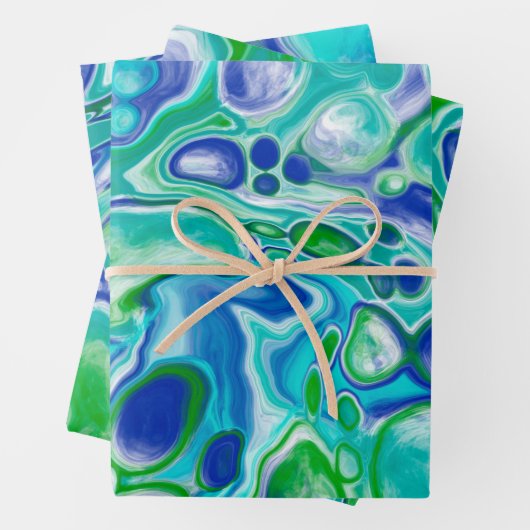 Abstrakte blaue und grüne Marmorflüssigkeit Geschenkpapier Set (Beispiel)