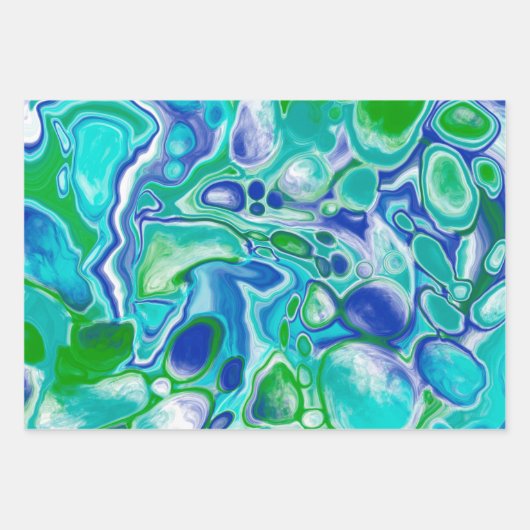 Abstrakte blaue und grüne Marmorflüssigkeit Geschenkpapier Set (Vorderseite)