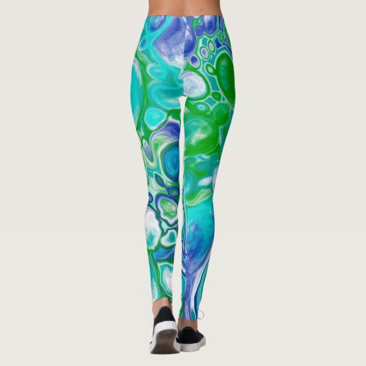 Abstrakte blaue und grüne Marmorflüssigkeit Leggings (Rückseite)