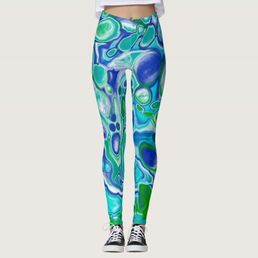 Abstrakte blaue und grüne Marmorflüssigkeit Leggings (Vorderseite)
