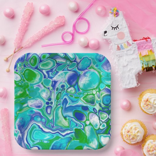 Abstrakte blaue und grüne Marmorflüssigkeit Pappteller (Party)