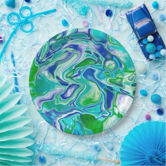 Abstrakte blaue und grüne Marmorflüssigkeit Pappteller (Party)