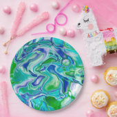 Abstrakte blaue und grüne Marmorflüssigkeit Pappteller (Party)