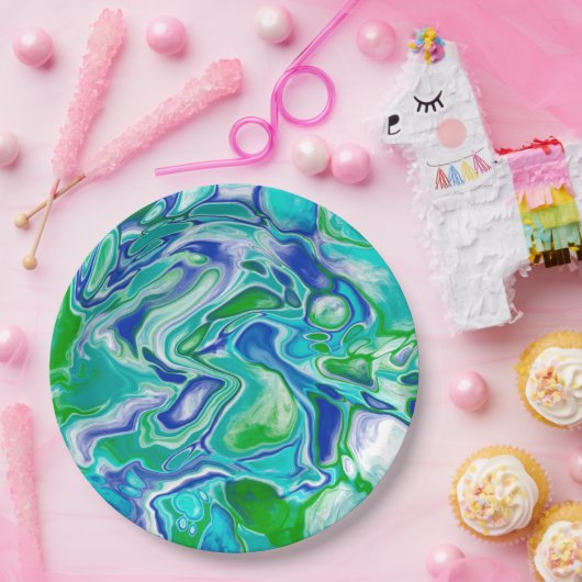 Abstrakte blaue und grüne Marmorflüssigkeit Pappteller (Party)