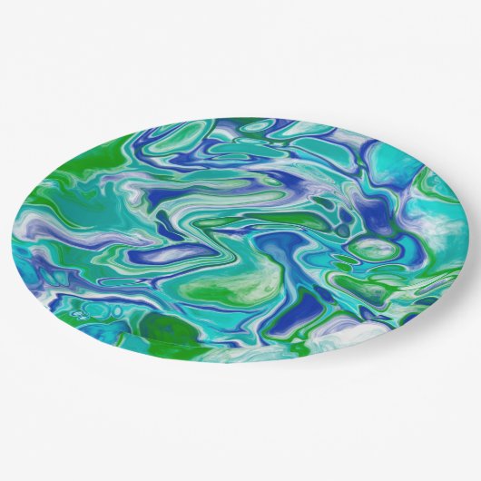 Abstrakte blaue und grüne Marmorflüssigkeit Pappteller (Schrägansicht)