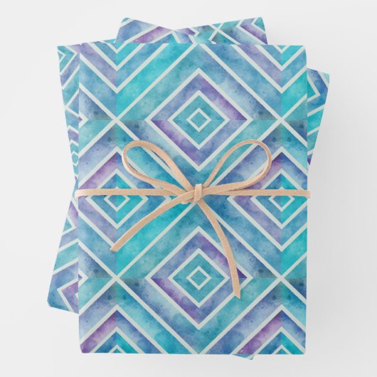 Abstrakte, blaue und lila geometrische Kacheln Geschenkpapier Set (Beispiel)