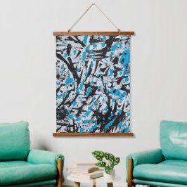 Abstrakte blaue und schwarze Pinselstriche Wandteppich Mit Holzrahmen