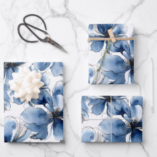 Abstrakte blaue und weiße Aquarellblumen Geschenkpapier Set