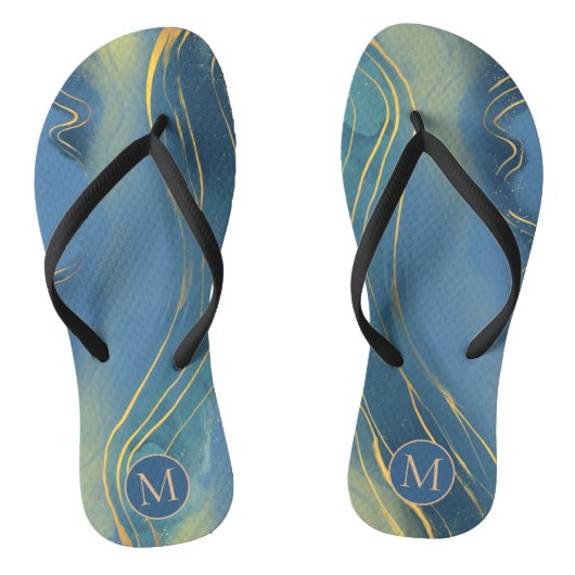 Abstrakte blaugraue Mongram Wavy Gold Line Badesandalen (Fußbett)