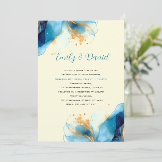 Abstrakte Blue & Gold Watercolor Hochzeit Einladung (Stehend Vorderseite)