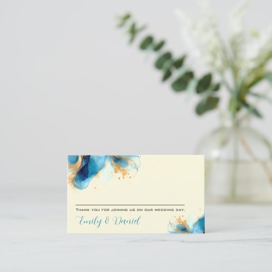 Abstrakte Blue & Gold Watercolor Hochzeit Platzkarte (Stehend Vorderseite)