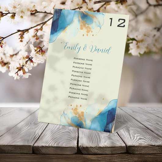 Abstrakte Blue & Gold Watercolor-Hochzeitnummern Sockelschild