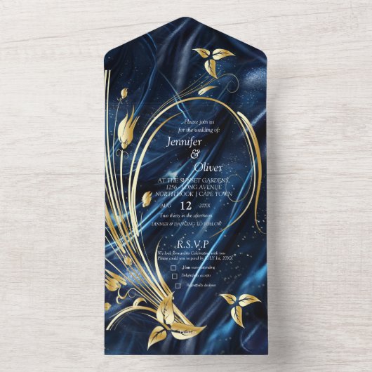 Abstrakte Blume aus Simmery Blue Silk All In One Einladung (Innen Boden)