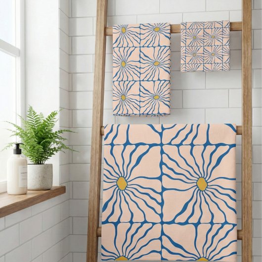 Abstrakte Blume Blau Gelb Retro Boho Floral Badhandtuch Set