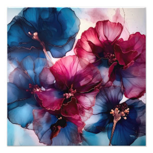 Abstrakte Blume in Blau und Burgund Fotodruck