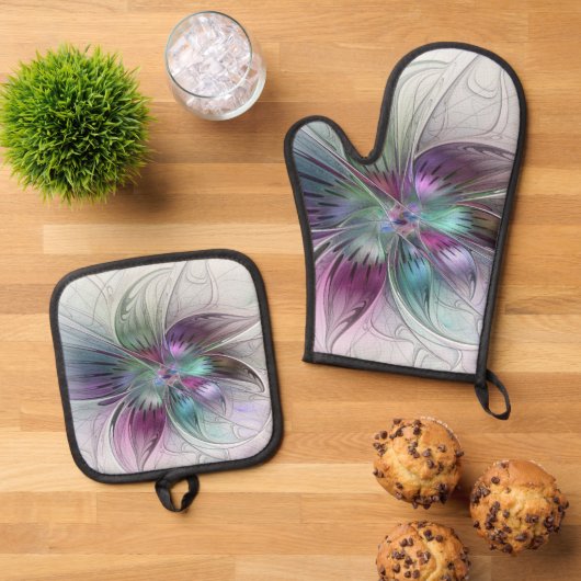Abstrakte Blume Modernes Fraktal Kunst, Dichtung u Ofenhandschuh & Topflappen-Set (Oben Unten)