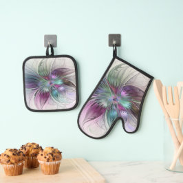 Abstrakte Blume Modernes Fraktal Kunst, Dichtung u Ofenhandschuh & Topflappen-Set