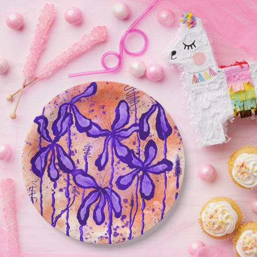 Abstrakte Blume Orange Lila Pappteller (Party)