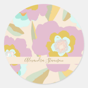 Abstrakte Blume Pastell Personalisiert Name  Runder Aufkleber