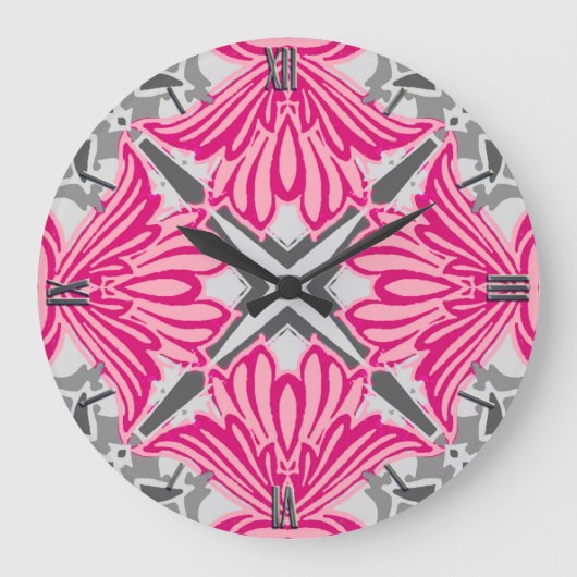 Abstrakte Blume Petals Fuchsia Pink und Grau Große Wanduhr (Vorderseite)
