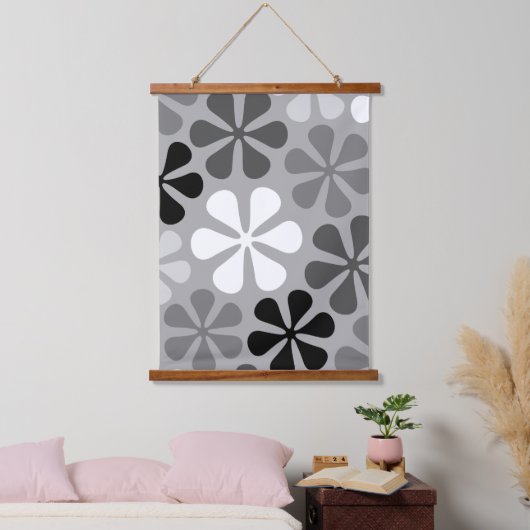 Abstrakte Blume Schwarz-weiß Grau Wandteppich Mit Holzrahmen (Schlafzimmer)