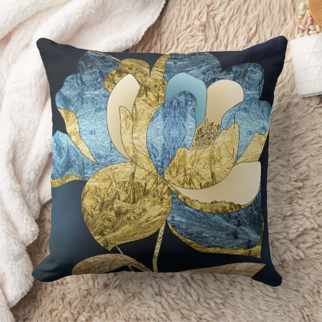 Abstrakte Blume von Blau und Gold mit texturierten Kissen (Decke)