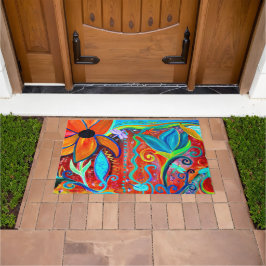 Abstrakte Blumen orange, intuitive blaue Kunst Fußmatte