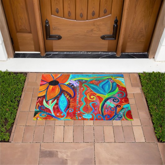 Abstrakte Blumen orange, intuitive blaue Kunst Fußmatte (Außenbereich)