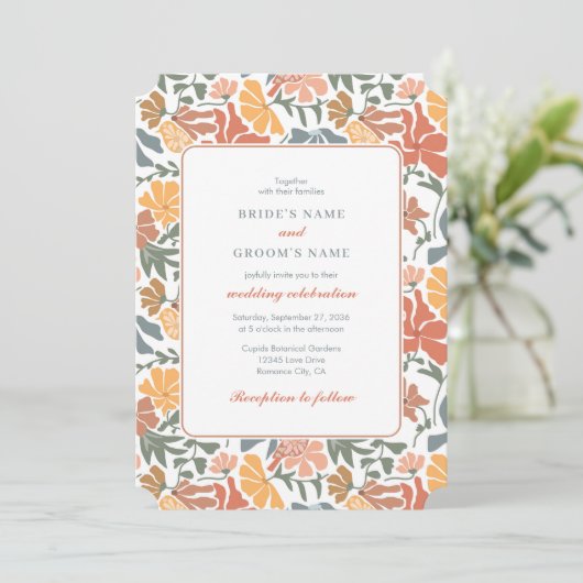 Abstrakte Blumen & Vögel Mitte Jahrhundert Moderne Einladung (Stehend Vorderseite)