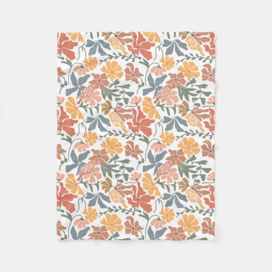 Abstrakte Blumen & Vögel Mitte Jahrhundert Moderne Fleecedecke (Vorderseite)