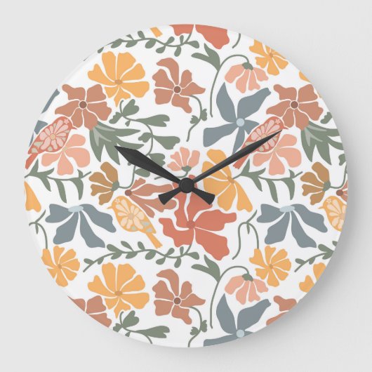 Abstrakte Blumen & Vögel Mitte Jahrhundert Moderne Große Wanduhr (Vorderseite)