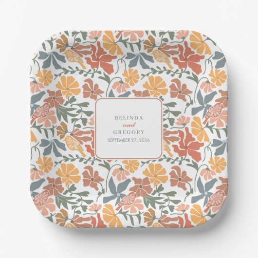 Abstrakte Blumen & Vögel Mitte Jahrhundert Moderne Pappteller (Vorderseite)