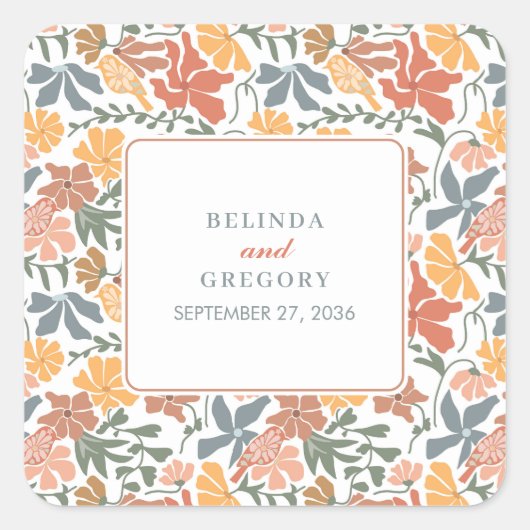 Abstrakte Blumen & Vögel Mitte Jahrhundert Moderne Quadratischer Aufkleber (Vorderseite)