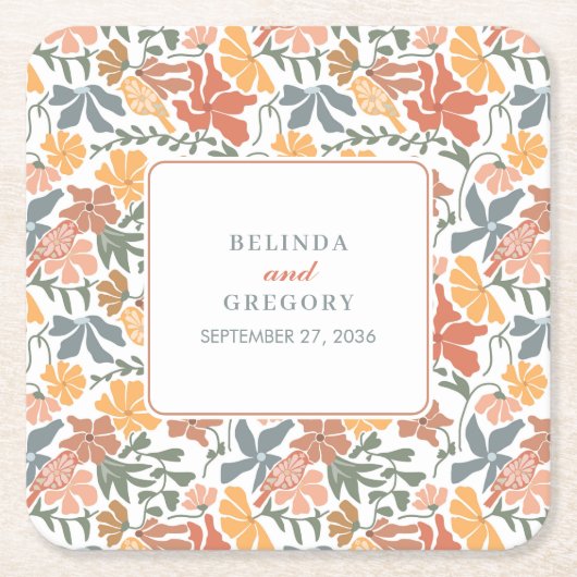 Abstrakte Blumen & Vögel Mitte Jahrhundert Moderne Rechteckiger Pappuntersetzer (Vorderseite)