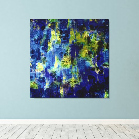 Abstrakte Blumenbemalung in Blau und Gelb Leinwanddruck (Insitu (Holzboden))