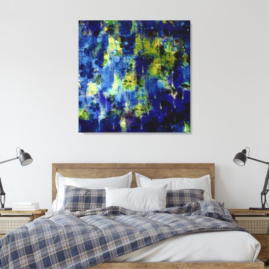 Abstrakte Blumenbemalung in Blau und Gelb Leinwanddruck (Insitu (Schlafzimmer))