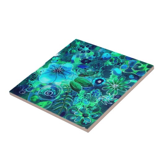 Abstrakte Blumenblauer Aquamarin-Blau-grüne Blätte Fliese (Seite)