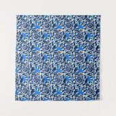 Abstrakte Blumenmode, blau, schwarz und beige Wandteppich (Vorderseite (Horizontal))