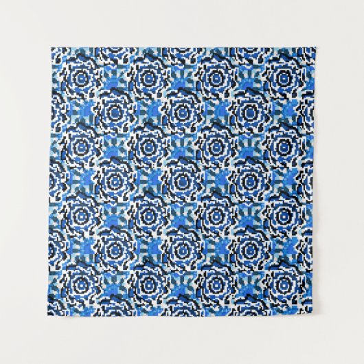 Abstrakte Blumenmode, blau, schwarz und beige Wandteppich (Vorderseite)