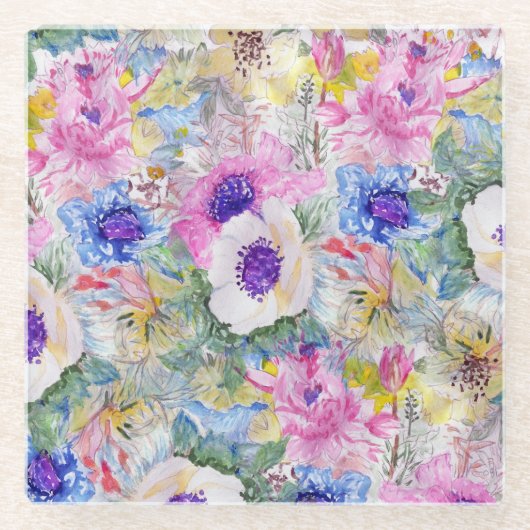 Abstrakte Blumenzeichnung Aquarellfarbe Glasuntersetzer (Vorderseite)