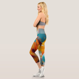 Abstrakte Blüte in Orange und Türkis Capri Leggings